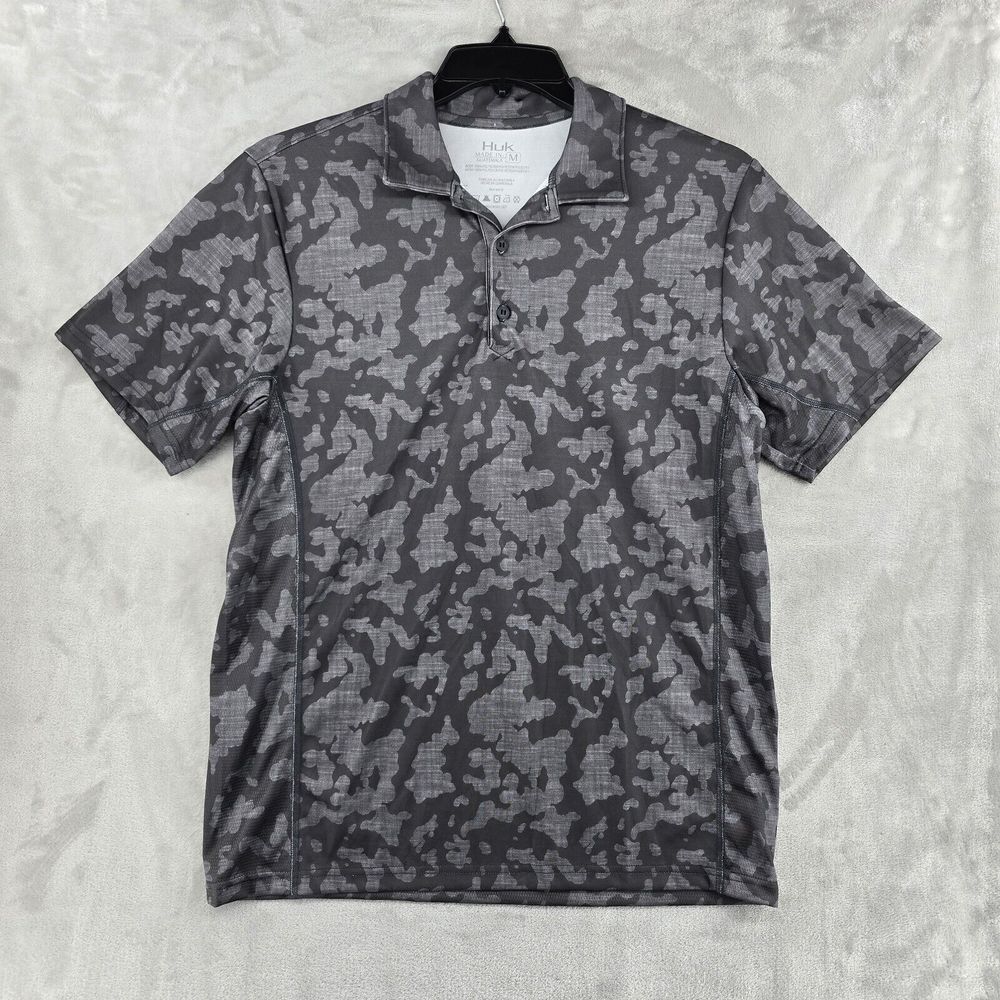 HUK Fishing Mens Performance Polo Shirt Gray Camo Polyester‎ Size medium